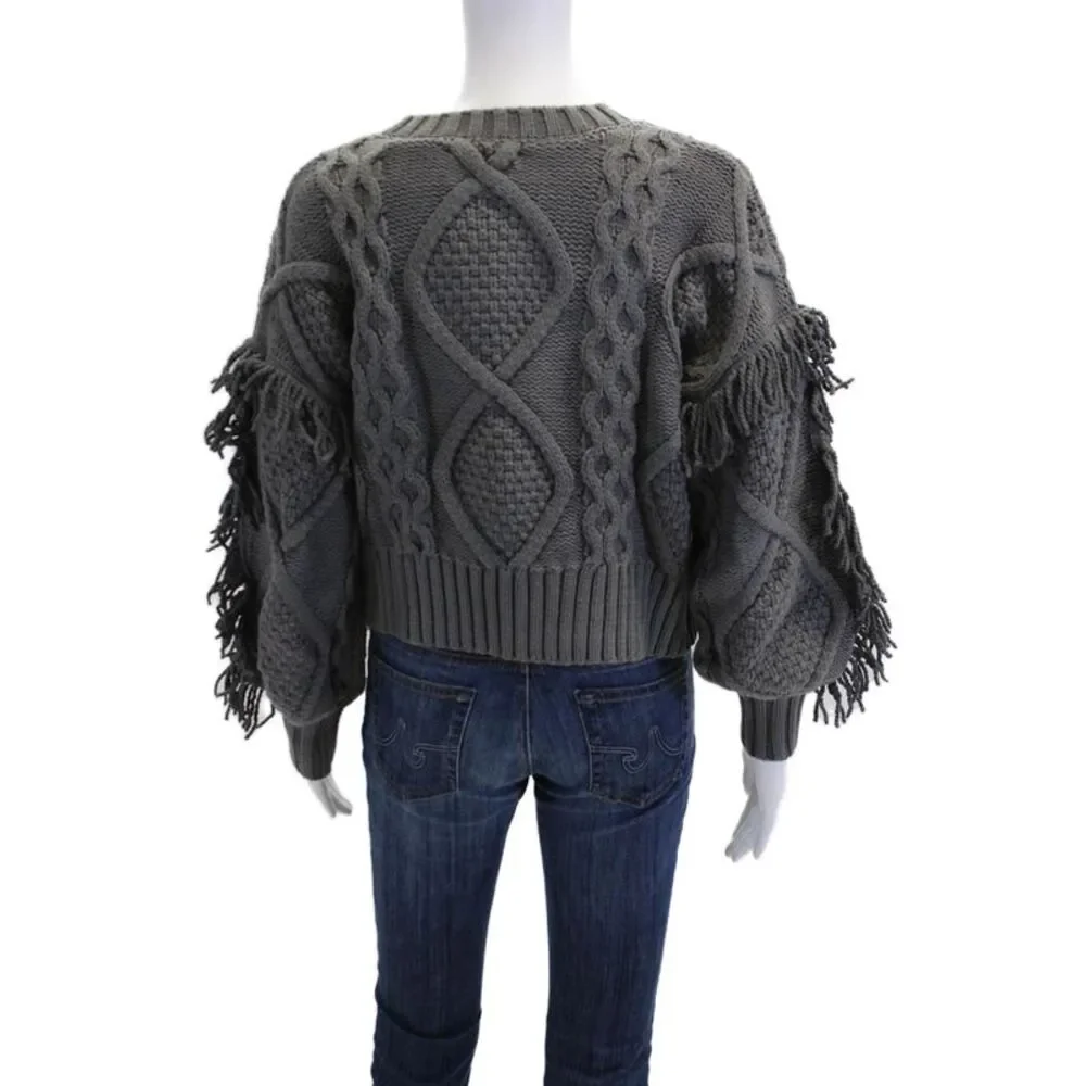 Line And Dot Womens Chunky Crochet Knit Fringe Sweater Gray Cotton Size XS